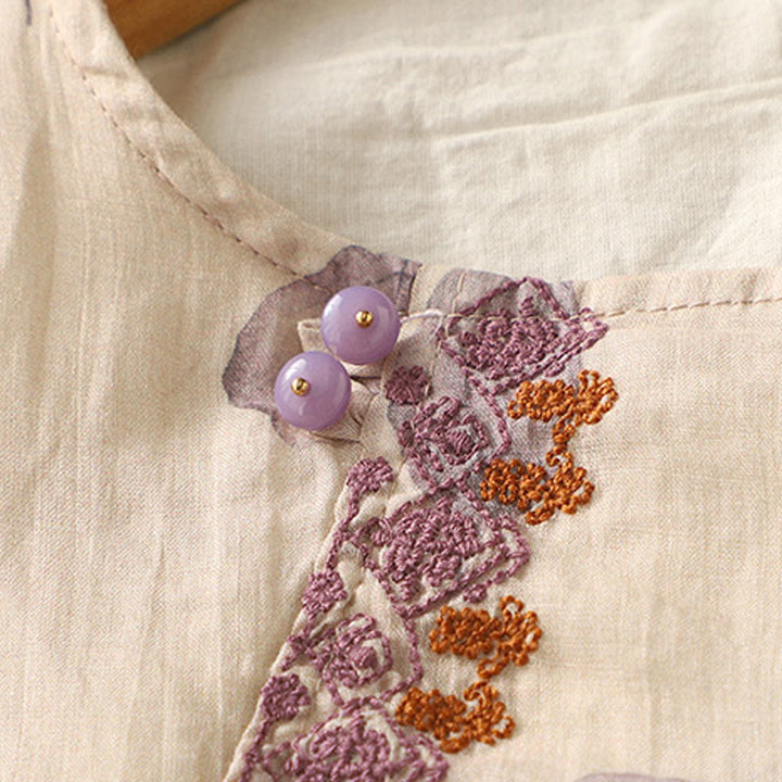 Camisa de lino y algodón para mujer, manga tres cuartos, con diseño bordado de Buddha Stones - image 5