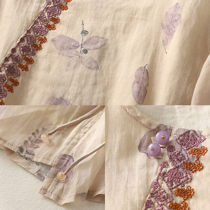 Camisa de lino y algodón para mujer, manga tres cuartos, con diseño bordado de Buddha Stones - image 11