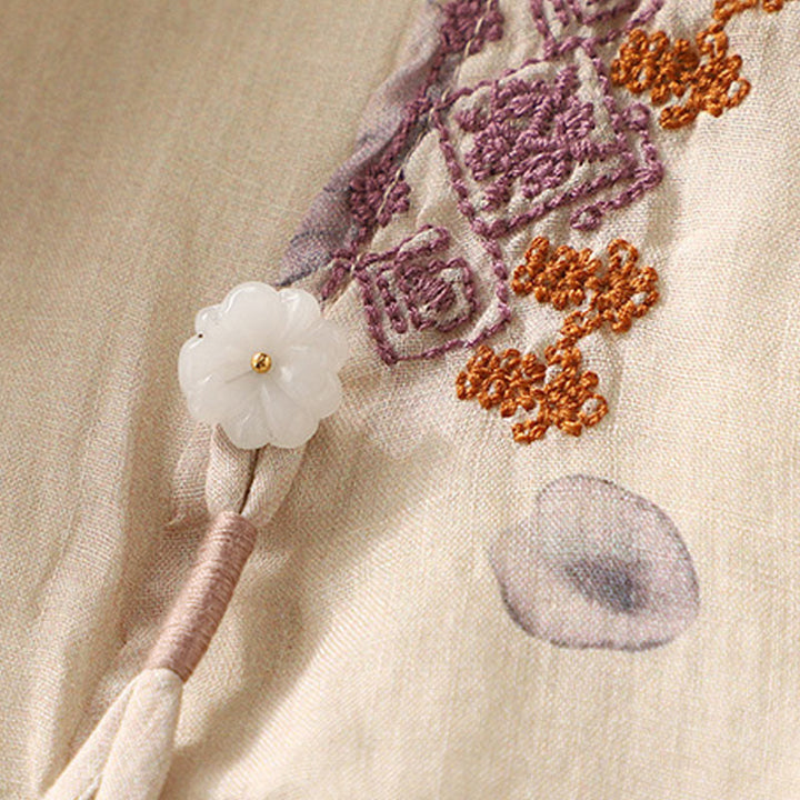 Camisa de lino y algodón para mujer, manga tres cuartos, con diseño bordado de Buddha Stones - image 6