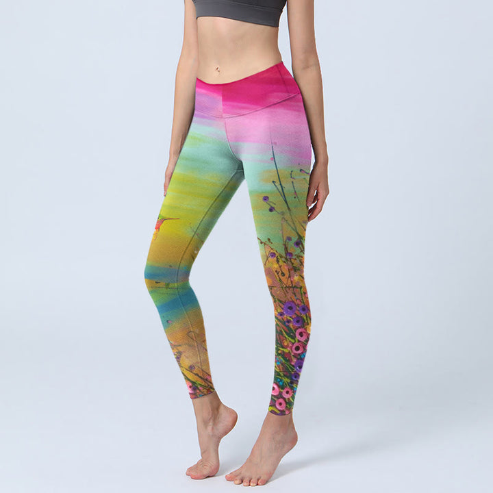 Leggings de yoga para mujer con estampado de flores y pájaros en flor y Buddha Stones - AmarilloVerde - US18，UK/AU22，EU50 (4XL) - image 1