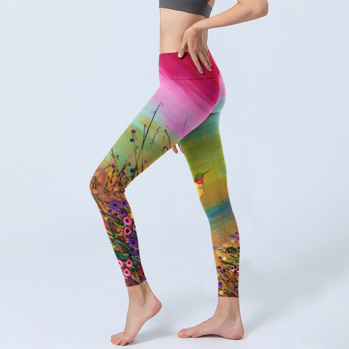Leggings de yoga para mujer con estampado de flores y pájaros en flor y Buddha Stones - image 2
