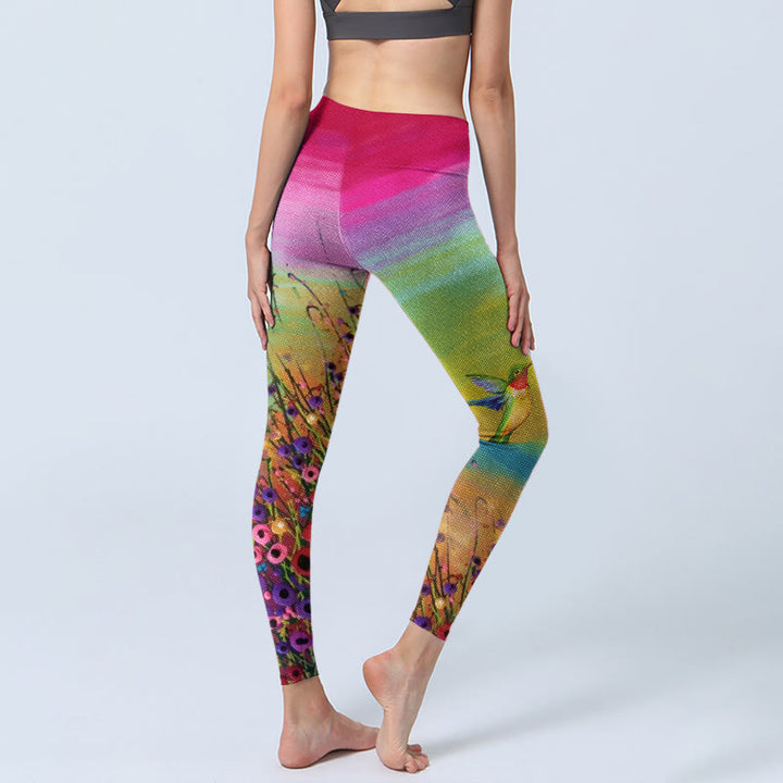 Leggings de yoga para mujer con estampado de flores y pájaros en flor y Buddha Stones - image 3
