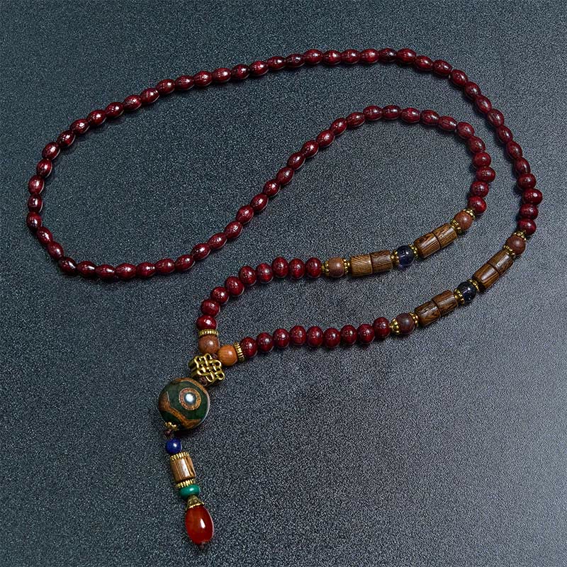 Collar con colgante de cabeza de elefante con cuentas Dzi de madera de wengué tibetana hechas a mano con Buddha Stones - image 1