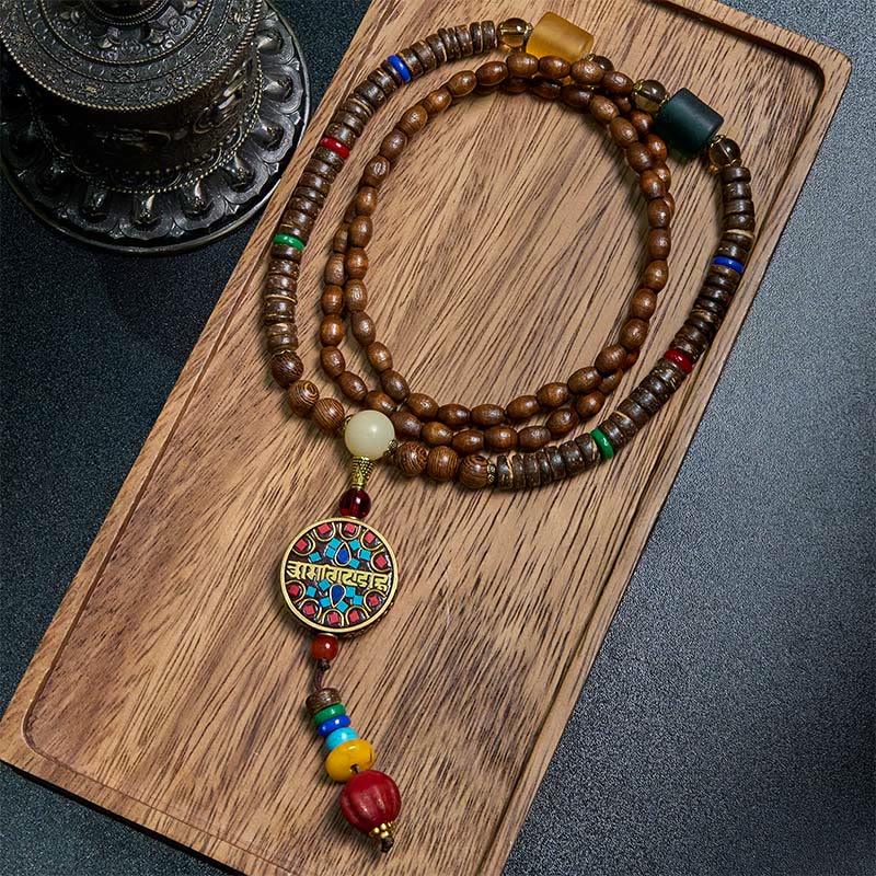 Collar con colgante de equilibrio de cuentas de cobre con mantra brillante de madera de Schima, cáscara de coco tibetano, hecho a mano, con Buddha Stones - Schima Wood y el Gran Mantra Brillante - image 0