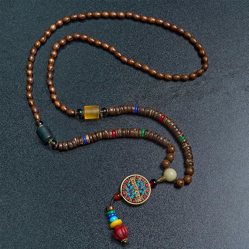Collar con colgante de equilibrio de cuentas de cobre con mantra brillante de madera de Schima, cáscara de coco tibetano, hecho a mano, con Buddha Stones - image 1