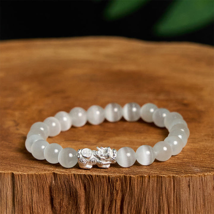 Pulsera Pixiu Positiva de Plata de Ley 990 con Cuentas Naturales de Ojo de Gato y Buddha Stones