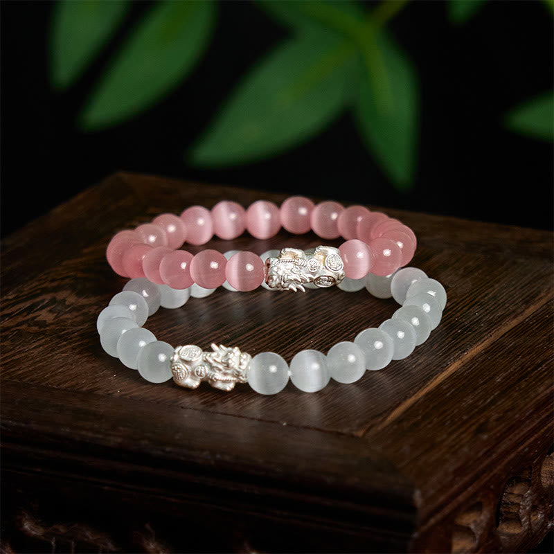 Pulsera Pixiu Positiva de Plata de Ley 990 con Cuentas Naturales de Ojo de Gato y Buddha Stones