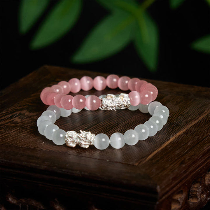 Pulsera Pixiu Positiva de Plata de Ley 990 con Cuentas Naturales de Ojo de Gato y Buddha Stones