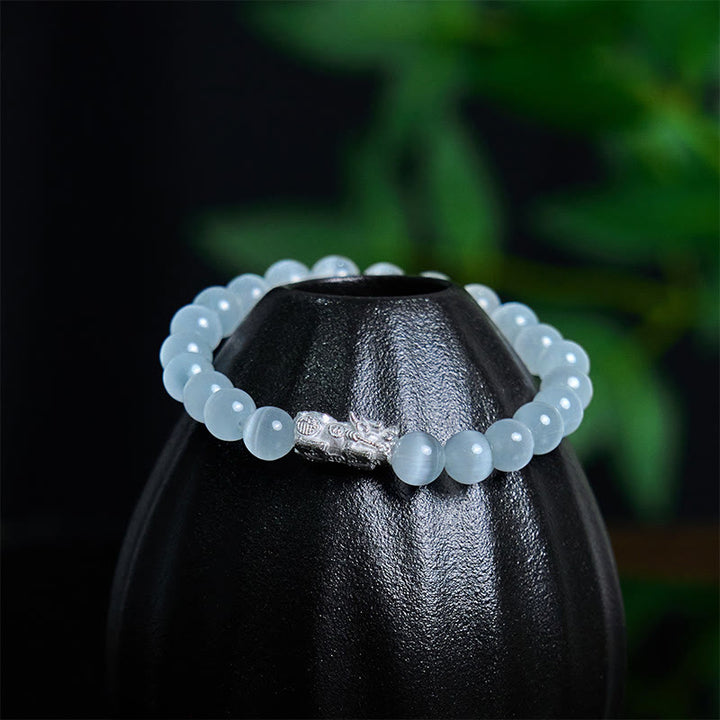 Pulsera Pixiu Positiva de Plata de Ley 990 con Cuentas Naturales de Ojo de Gato y Buddha Stones