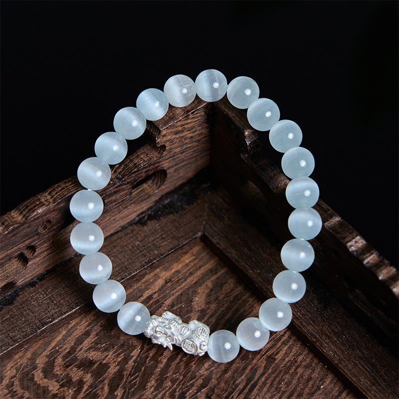 Pulsera Pixiu Positiva de Plata de Ley 990 con Cuentas Naturales de Ojo de Gato y Buddha Stones