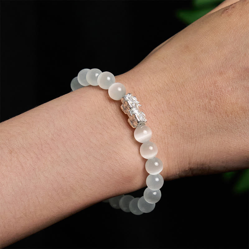 Pulsera Pixiu Positiva de Plata de Ley 990 con Cuentas Naturales de Ojo de Gato y Buddha Stones