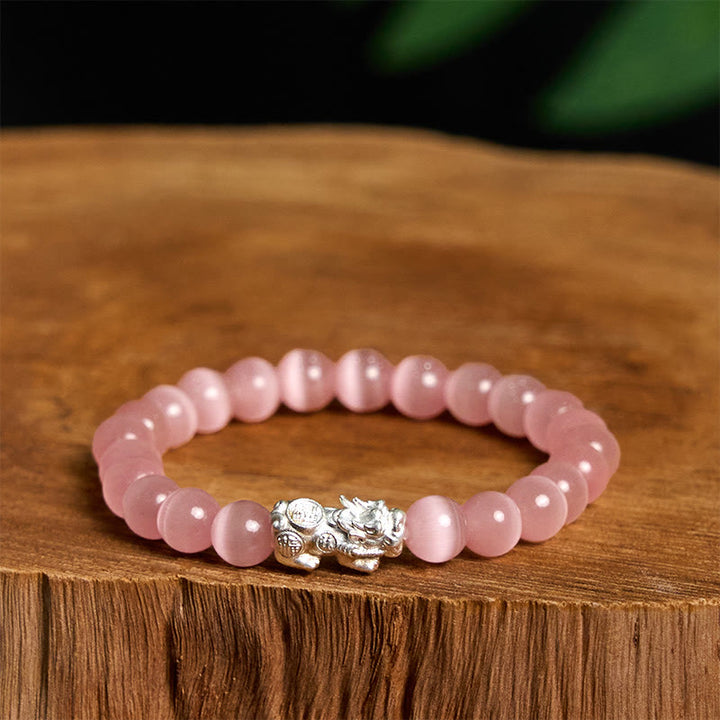 Pulsera Pixiu Positiva de Plata de Ley 990 con Cuentas Naturales de Ojo de Gato y Buddha Stones