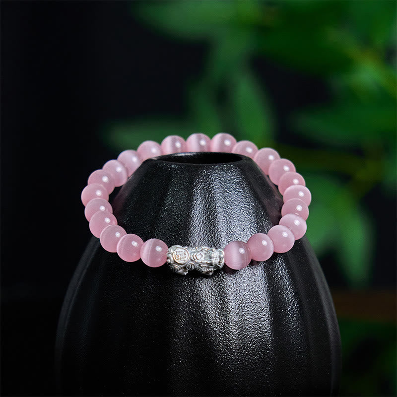 Pulsera Pixiu Positiva de Plata de Ley 990 con Cuentas Naturales de Ojo de Gato y Buddha Stones