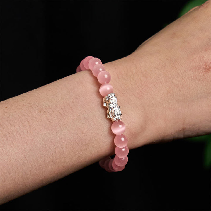 Pulsera Pixiu Positiva de Plata de Ley 990 con Cuentas Naturales de Ojo de Gato y Buddha Stones