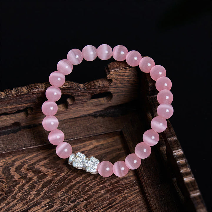Pulsera Pixiu Positiva de Plata de Ley 990 con Cuentas Naturales de Ojo de Gato y Buddha Stones