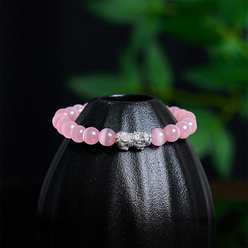 Pulsera Pixiu Positiva de Plata de Ley 990 con Cuentas Naturales de Ojo de Gato y Buddha Stones