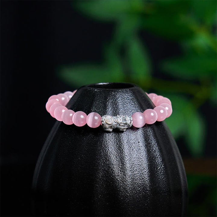 Pulsera Pixiu Positiva de Plata de Ley 990 con Cuentas Naturales de Ojo de Gato y Buddha Stones