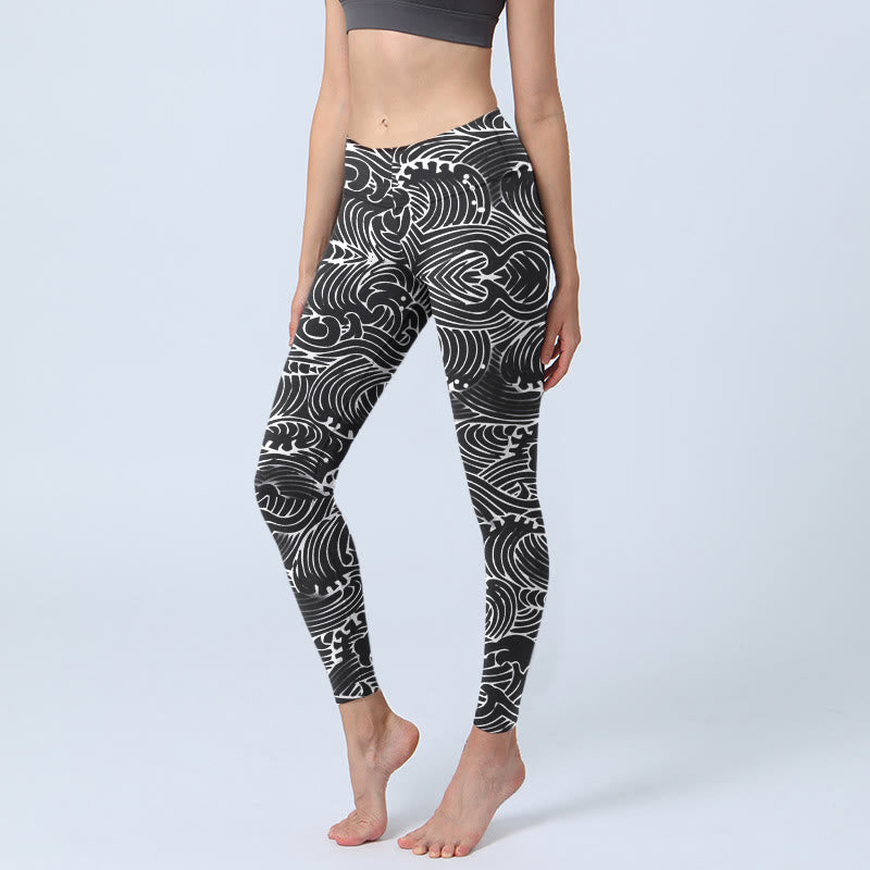 Leggings de yoga para mujer con estampado de ondas y líneas blancas de Buddha Stones - Negro - US18，UK/AU22，EU50 (4XL) - image 1