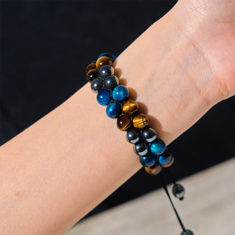 Pulsera de fuerza con cuentas de doble hilera de Buddha Stones, ojo de tigre azul natural, magnetita negra y patrón Om
