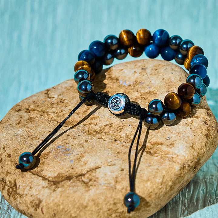 Pulsera de fuerza con cuentas de doble hilera de Buddha Stones, ojo de tigre azul natural, magnetita negra y patrón Om