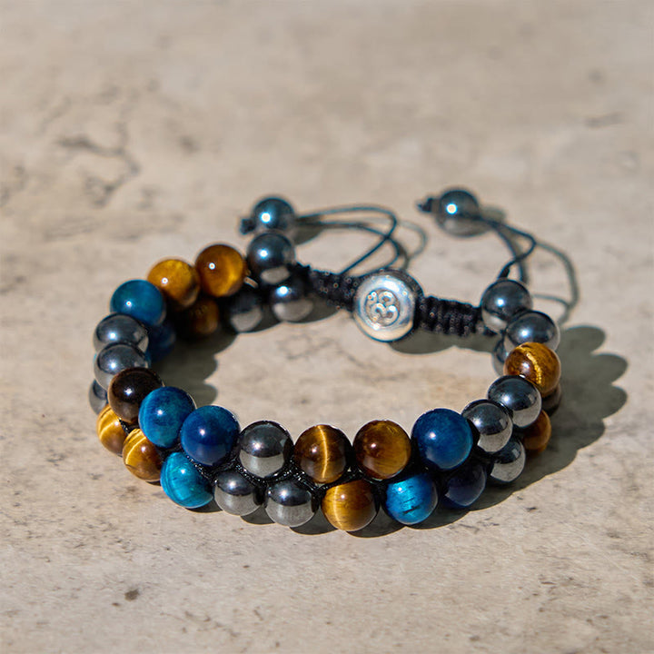 Pulsera de fuerza con cuentas de doble hilera de Buddha Stones, ojo de tigre azul natural, magnetita negra y patrón Om