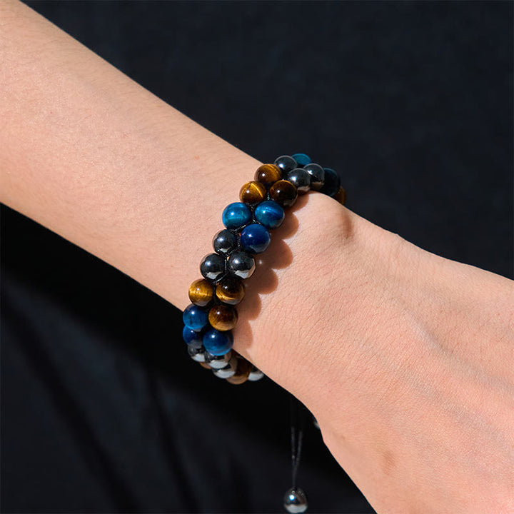 Pulsera de fuerza con cuentas de doble hilera de Buddha Stones, ojo de tigre azul natural, magnetita negra y patrón Om