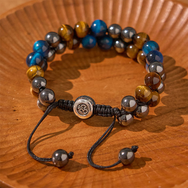 Pulsera de fuerza con cuentas de doble hilera de Buddha Stones, ojo de tigre azul natural, magnetita negra y patrón Om