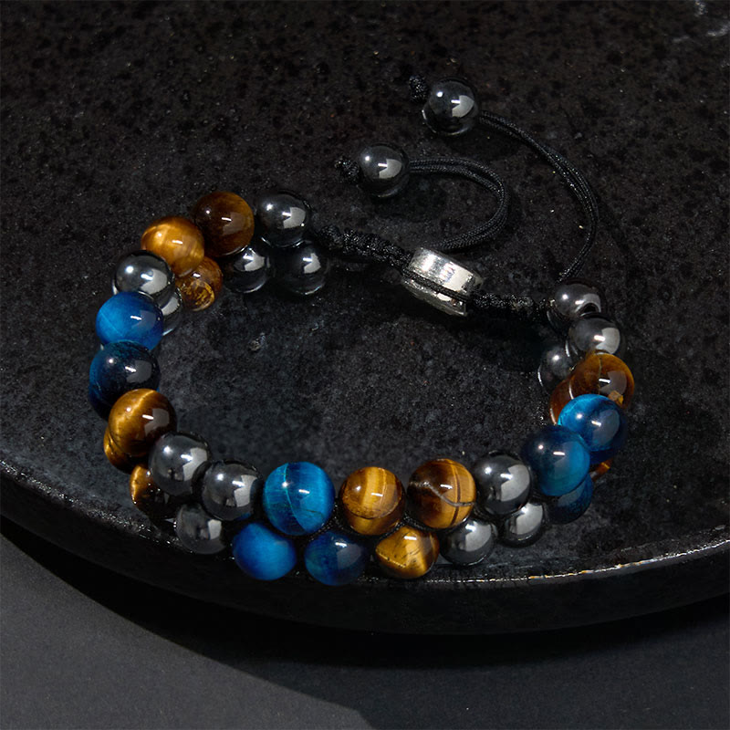 Pulsera de fuerza con cuentas de doble hilera de Buddha Stones, ojo de tigre azul natural, magnetita negra y patrón Om