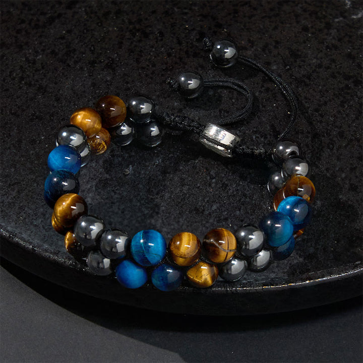 Pulsera de fuerza con cuentas de doble hilera de Buddha Stones, ojo de tigre azul natural, magnetita negra y patrón Om