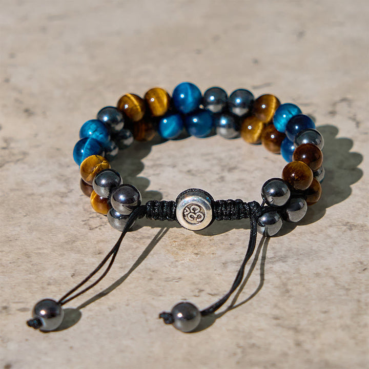 Pulsera de fuerza con cuentas de doble hilera de Buddha Stones, ojo de tigre azul natural, magnetita negra y patrón Om