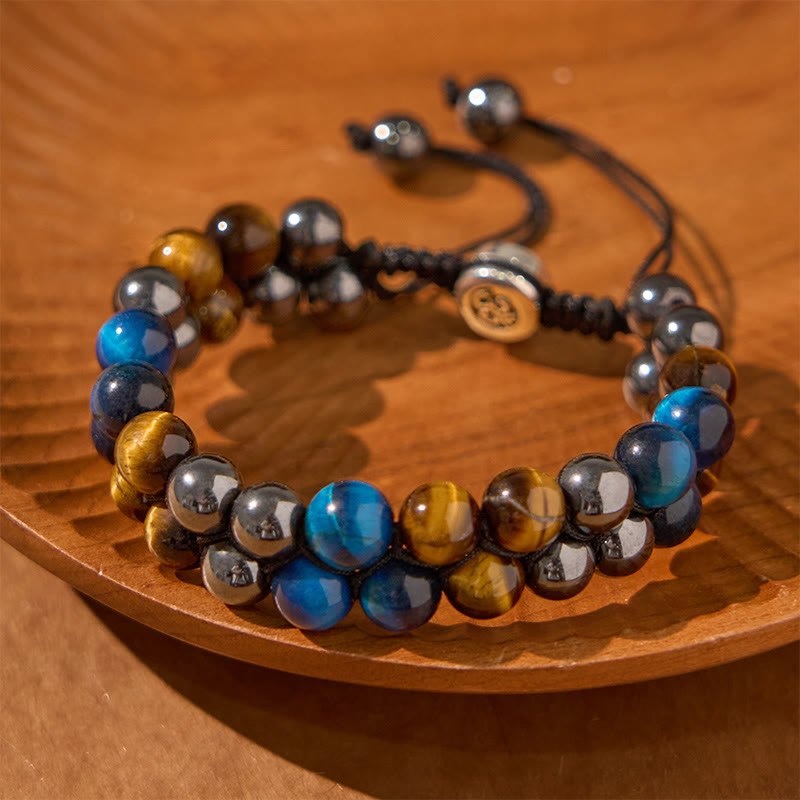 Pulsera de fuerza con cuentas de doble hilera de Buddha Stones, ojo de tigre azul natural, magnetita negra y patrón Om