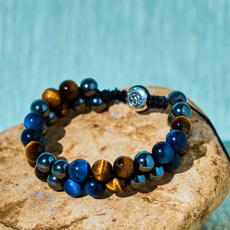 Pulsera de fuerza con cuentas de doble hilera de Buddha Stones, ojo de tigre azul natural, magnetita negra y patrón Om