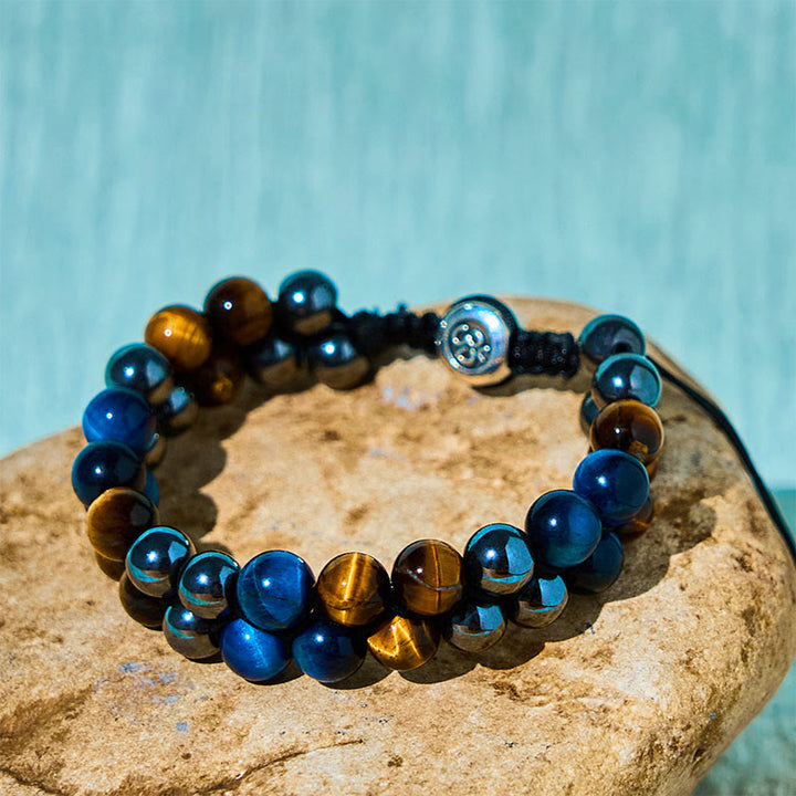 Pulsera de fuerza con cuentas de doble hilera de Buddha Stones, ojo de tigre azul natural, magnetita negra y patrón Om