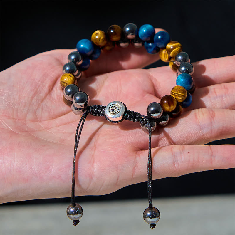 Pulsera de fuerza con cuentas de doble hilera de Buddha Stones, ojo de tigre azul natural, magnetita negra y patrón Om