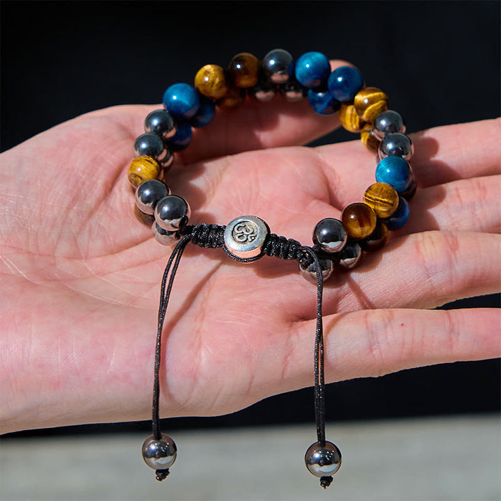 Pulsera de fuerza con cuentas de doble hilera de Buddha Stones, ojo de tigre azul natural, magnetita negra y patrón Om