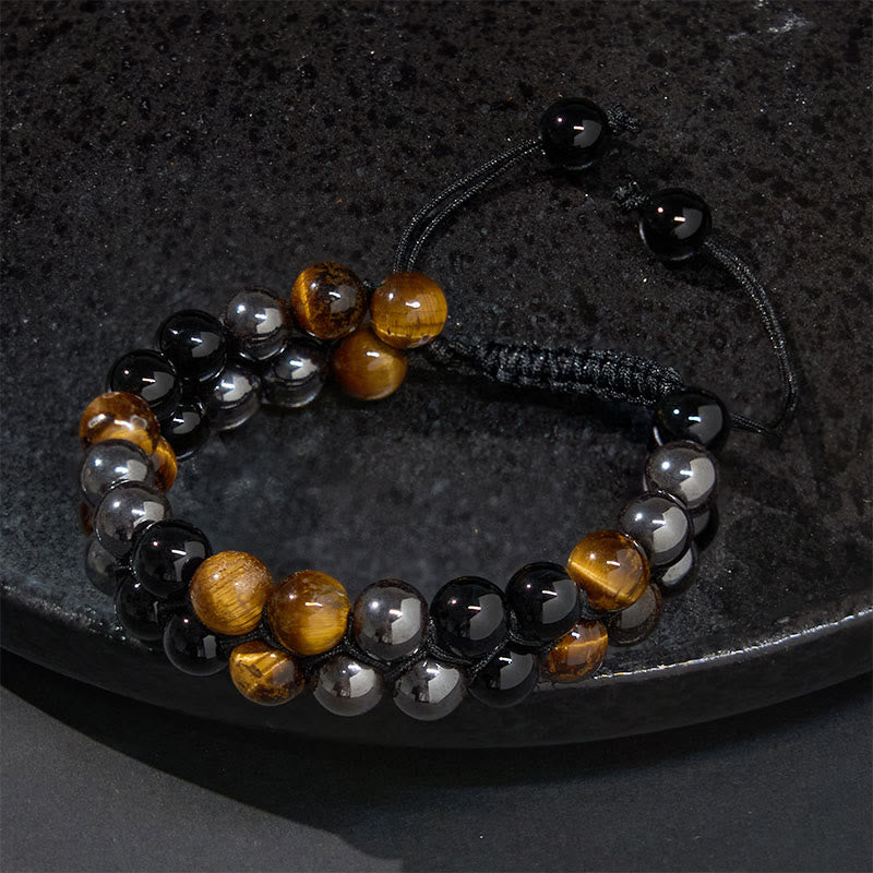 Pulsera de protección con cuentas de doble hilera de ónix negro, magnetita negra y ojo de tigre natural de Buddha Stones