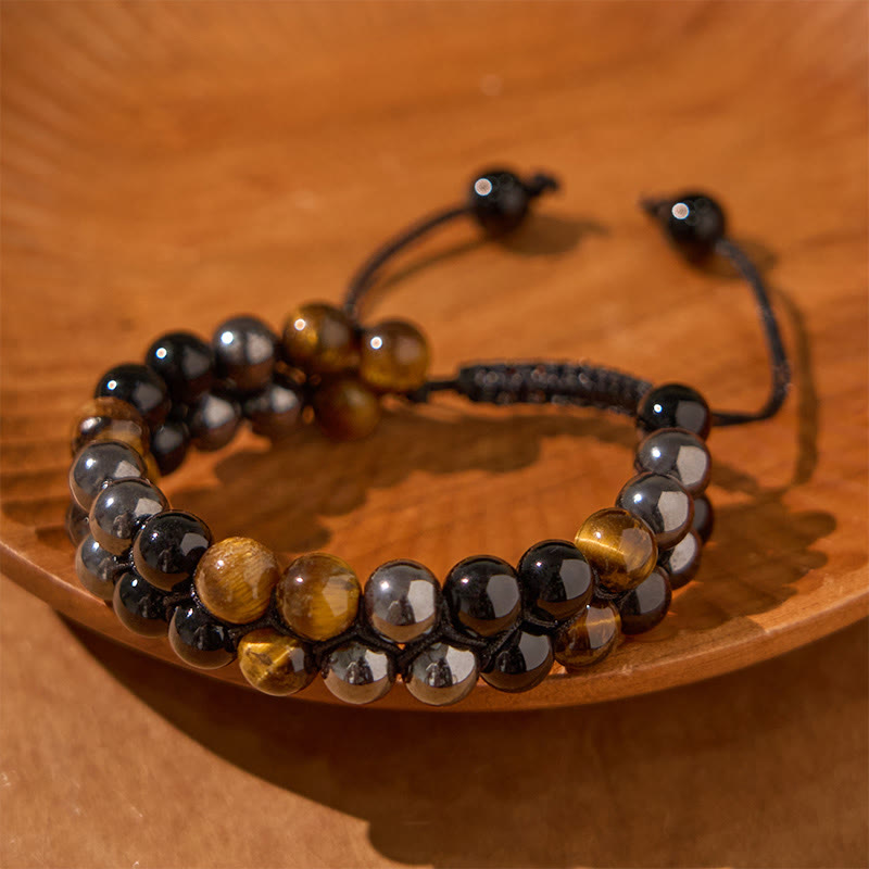 Pulsera de protección con cuentas de doble hilera de ónix negro, magnetita negra y ojo de tigre natural de Buddha Stones