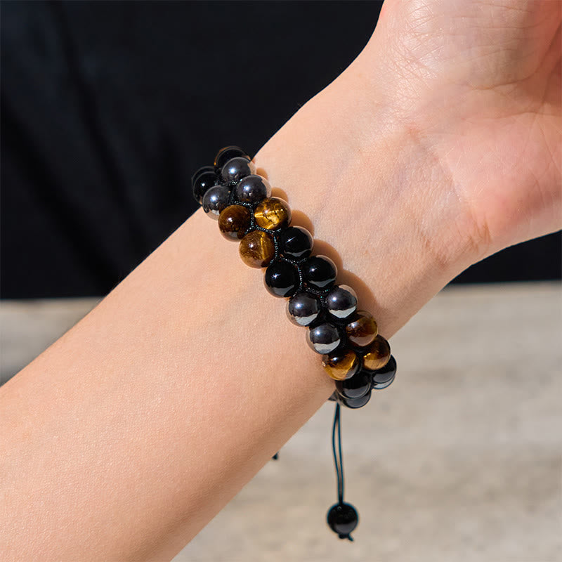 Pulsera de protección con cuentas de doble hilera de ónix negro, magnetita negra y ojo de tigre natural de Buddha Stones