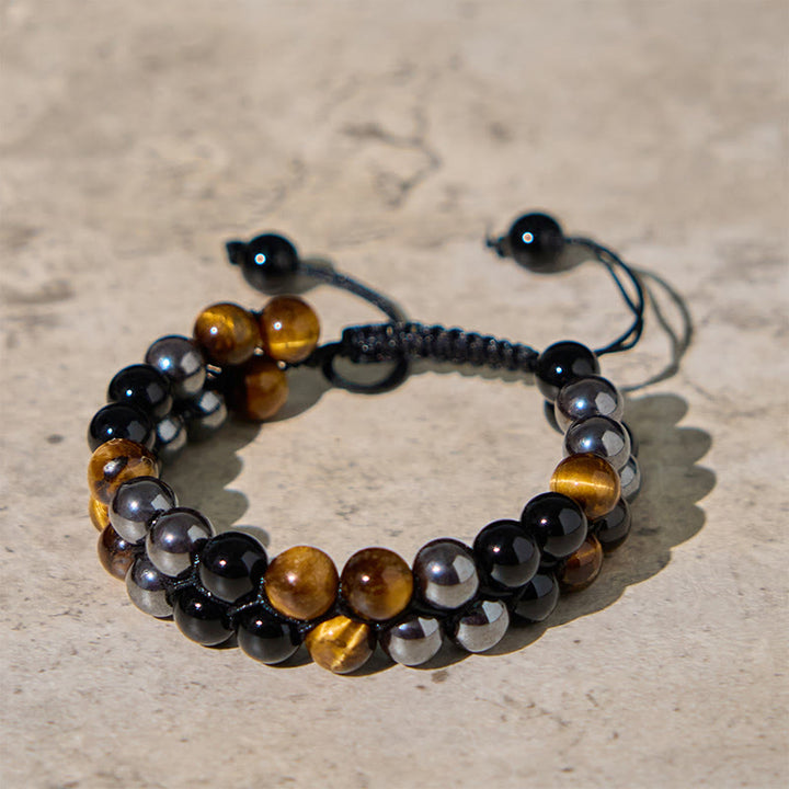 Pulsera de protección con cuentas de doble hilera de ónix negro, magnetita negra y ojo de tigre natural de Buddha Stones