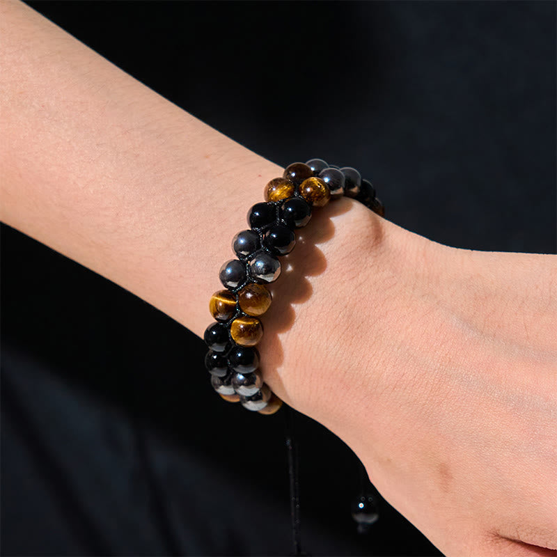 Pulsera de protección con cuentas de doble hilera de ónix negro, magnetita negra y ojo de tigre natural de Buddha Stones