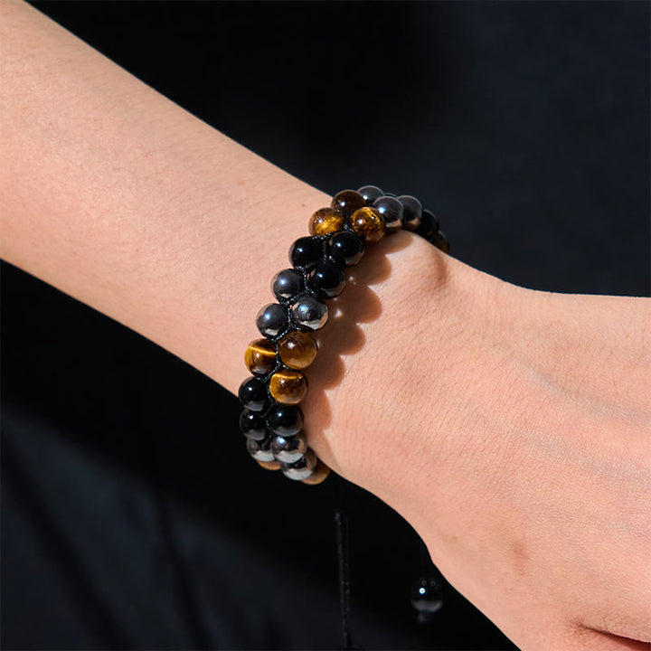 Pulsera de protección con cuentas de doble hilera de ónix negro, magnetita negra y ojo de tigre natural de Buddha Stones