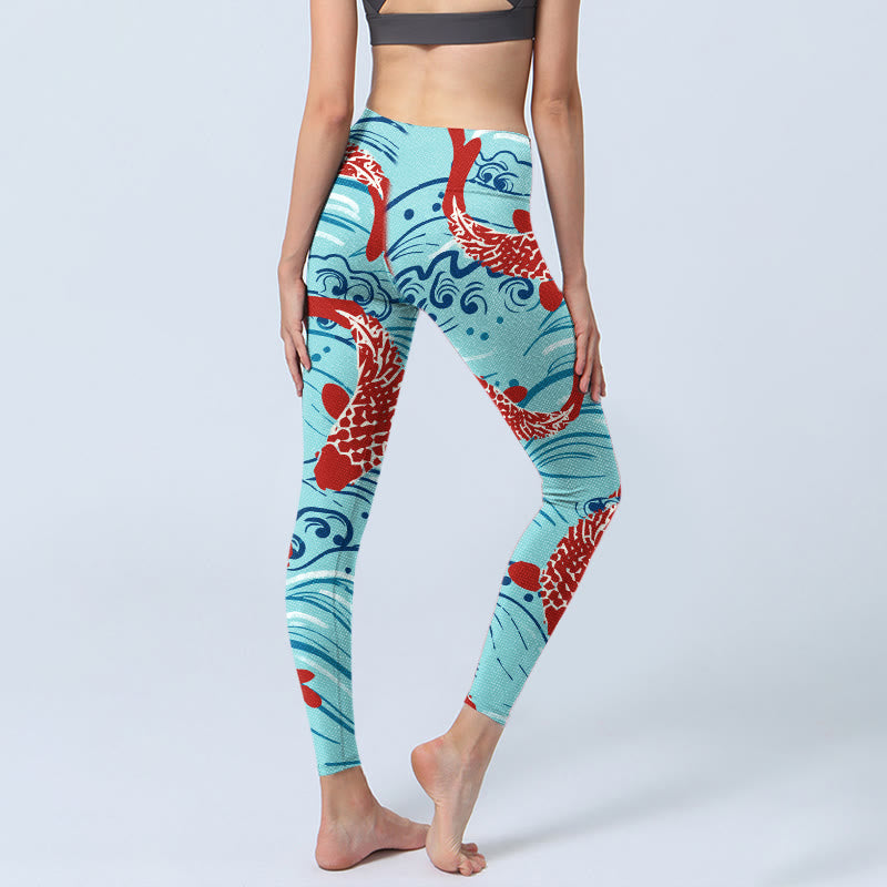 Leggings de yoga para mujer con estampado de ondas de peces koi y Buddha Stones - image 3