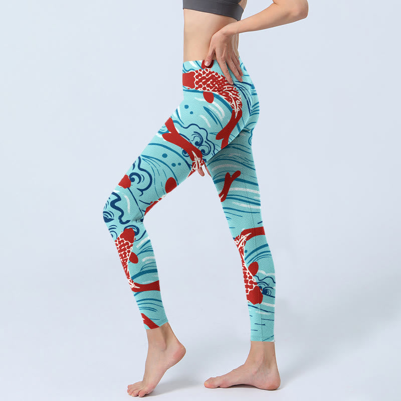 Leggings de yoga para mujer con estampado de ondas de peces koi y Buddha Stones - image 2