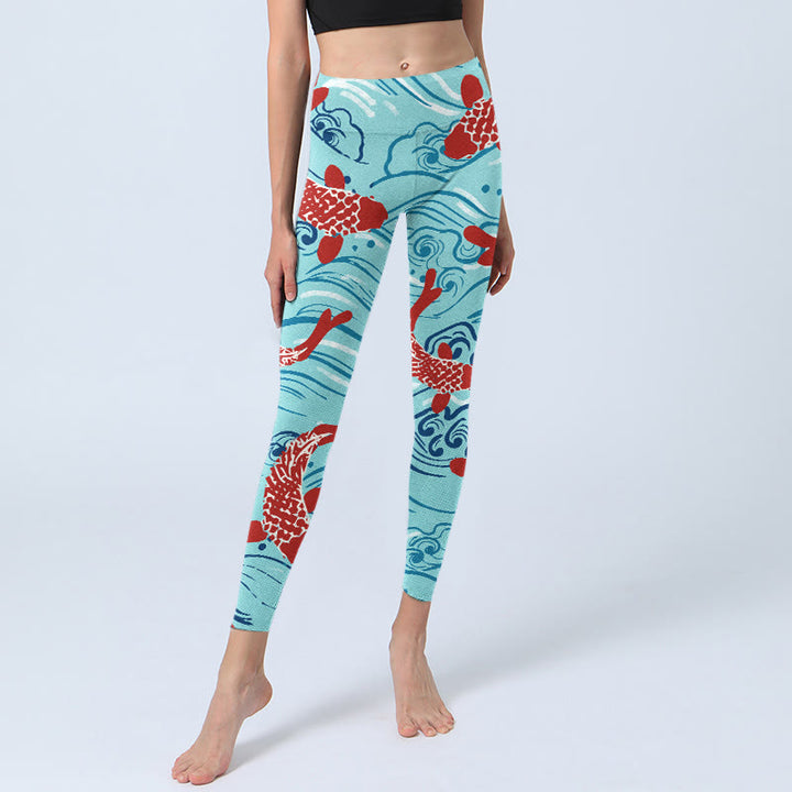 Leggings de yoga para mujer con estampado de ondas de peces koi y Buddha Stones - image 5