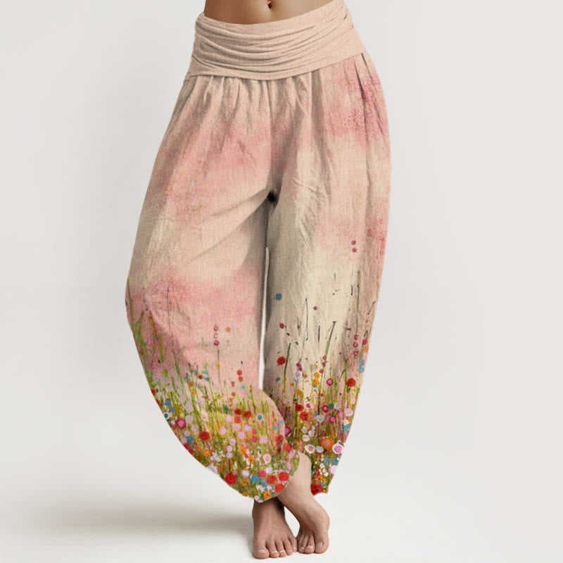 Pantalones bombachos de mujer con cintura elástica, de algodón, estilo informal, con estampado de flores silvestres coloridas y Buddha Stones. - Sopa de mariscos - US22，UK/AU26，EU54 (6XL) - image 0