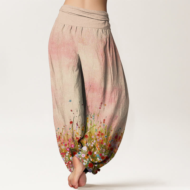 Pantalones bombachos de mujer con cintura elástica, de algodón, estilo informal, con estampado de flores silvestres coloridas y Buddha Stones. - image 1