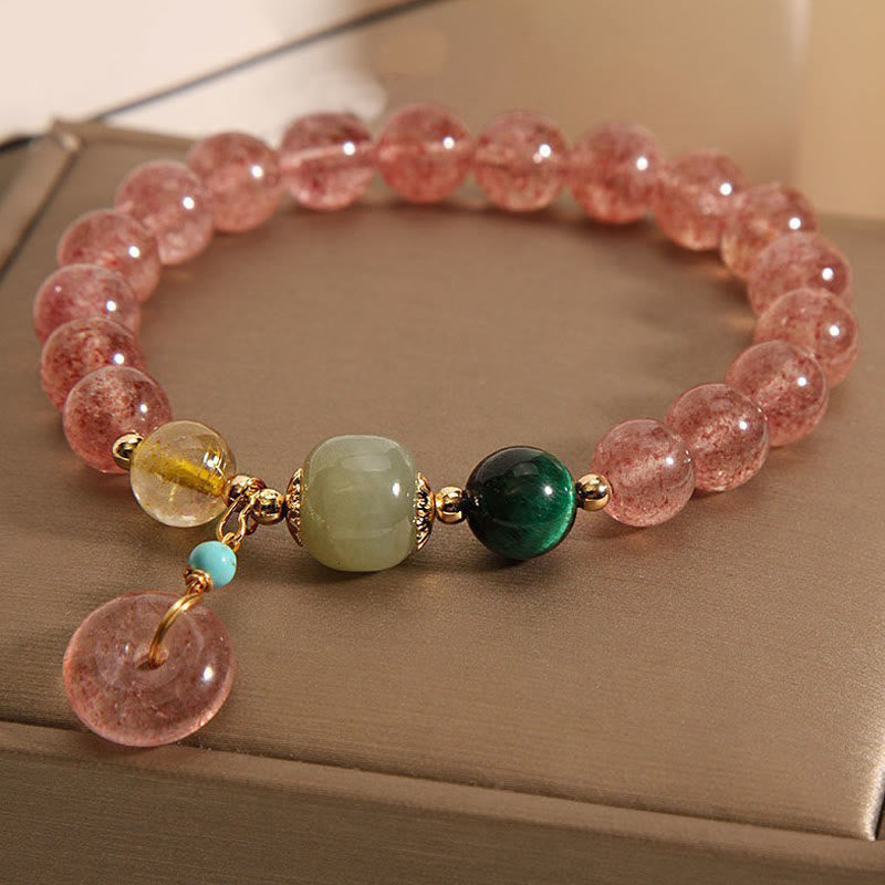 Pulsera positiva de jade con hebilla de paz y cuarzo fresa natural con Buddha Stones