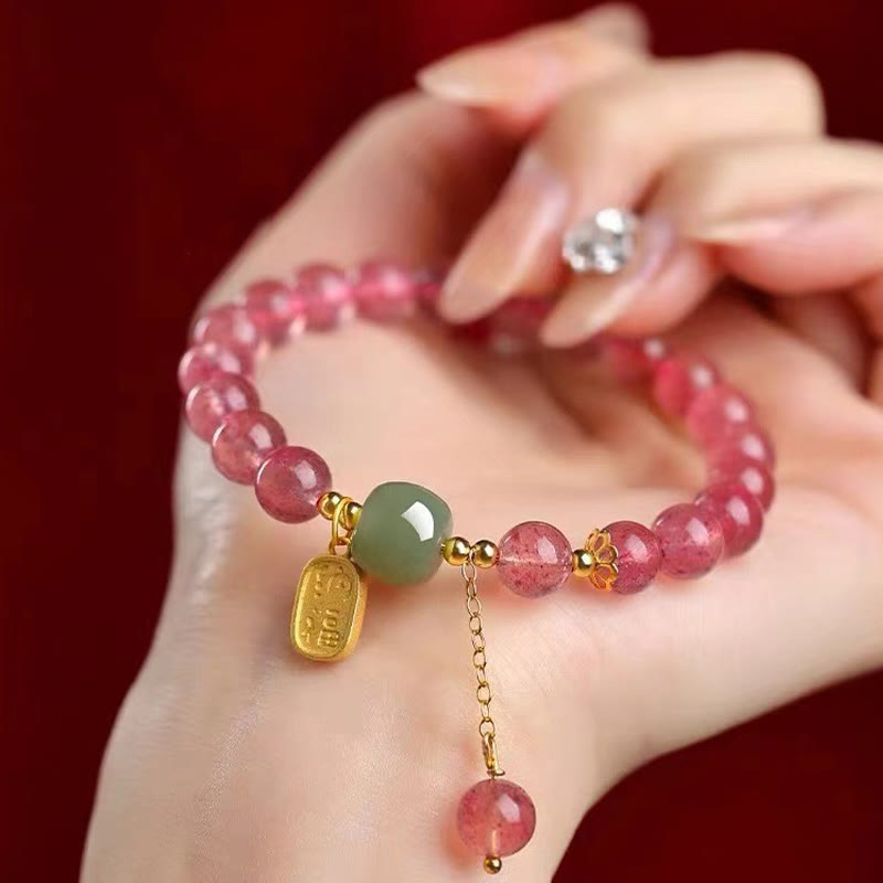 Pulsera de curación positiva con jade y carácter fu de cuarzo fresa natural de Buddha Stones