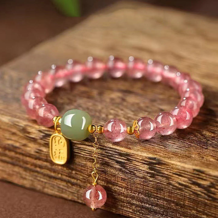 Pulsera de curación positiva con jade y carácter fu de cuarzo fresa natural de Buddha Stones