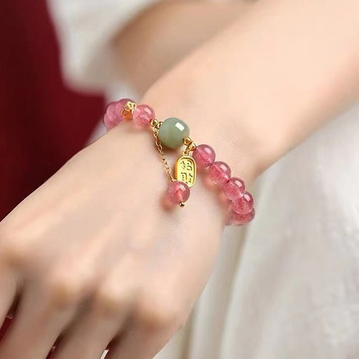 Pulsera de curación positiva con jade y carácter fu de cuarzo fresa natural de Buddha Stones